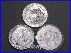 3 Silver Coins 1oz. 999 ea 2016 Somalia Elephant, 15 Britannia, 13 Bison CANADA