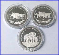 3 x 1oz Fine Silver Proof coins(. 999) AFRICAN ELEPHANT Set 1993 Bank of Uganda