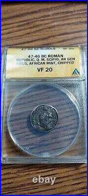 47 46 B. C. Roman Republic Coin Q. M. Scipio Ceasar African Mint Anacs Vf 20