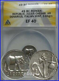 49-48 BC Julius Caesar AR Silver Elephant Denarius Coin ANACS EF40 Well Centered