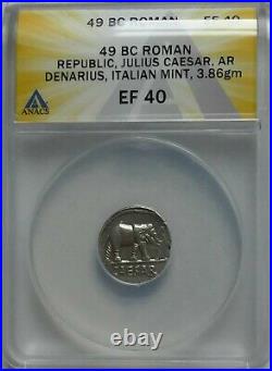 49-48 BC Julius Caesar AR Silver Elephant Denarius Coin ANACS EF40 Well Centered