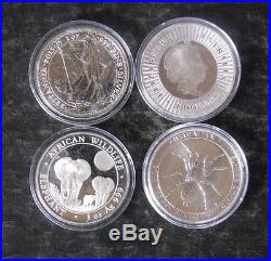 (4) 999 Fine World Silver 1 Oz Coins Kangaroo, Britain, Spider, Elephant NR
