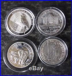 (4) 999 Fine World Silver 1 Oz Coins Kookaburra, Britain, Austria, Elephant -NR
