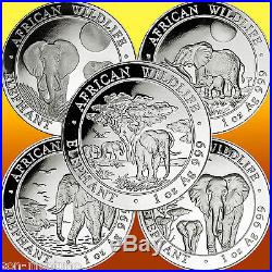 5 SOMALIA ELEPHANT COINS 2011 2012 2013 2014 2015 African Wildlife. 999 Silver