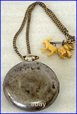 ATQ EQUITY COIN SILVER POCKET WATCH WithSILVERTONE CASE CHAIN DONKEY ELEPHANT