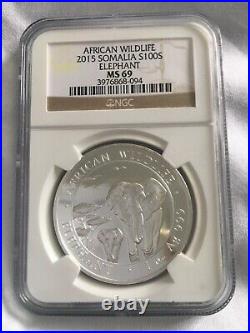 Africa Wildlife Somalia 100Shillings 1OZ 999Silver African Elephant CoinMS69 new