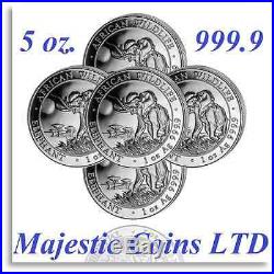 Air-Tite 2016 Somalia African Wildlife Elephant 5 x 1 Oz. 9999 Silver Coins