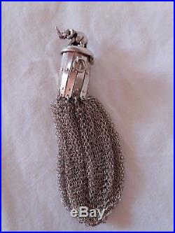 Antique Silver Mail Mesh Lady Coin Purs With Top Elephant Figure