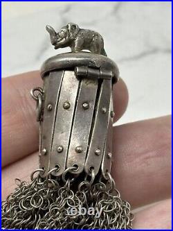 Antique Sterling Silver Mesh Chatelain Coin Purse With/ Elephant Figural Lid