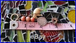 Antique Victorian Coral Bead Bovine Elephant Silver Threepence Coin, Fob Charms
