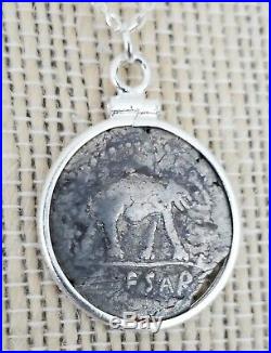Authentic Julius Caesar Elephant Silver Denarius Coin Pendant Sterling Necklace