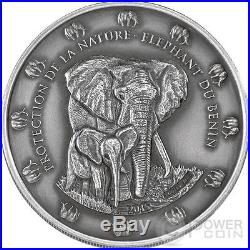 BENIN ELEPHANT Antique Finish 2 Oz Silver Coin 1500 Francs Benin 2015