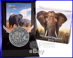 BENIN ELEPHANT Antique Finish 2 Oz Silver Coin 1500 Francs Benin 2015