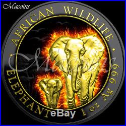 BURNING ELEPHANT 2015 Somalia 1 Oz Ruthenium & Gold Plated 999 Silver Coin