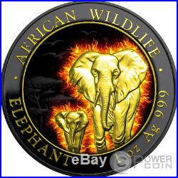 BURNING ELEPHANT Black Ruthenium 1 Oz Silver Coin 100 Shillings Somalia 2015