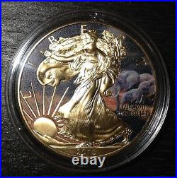 BU american eagle 2015 ASE Safari elephants gold plating 1 oz silver. 999 rare