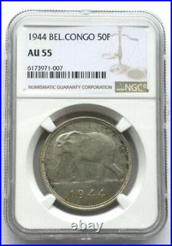 Belgian Congo 1944 Elephant 50 Francs NGC AU55 Silver Coin