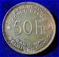 Belgian Congo, 50 Fr 1944 Silver Coin, African Elephant