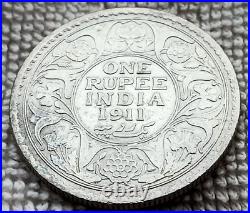British India 1911 King George V One Rupee Pig Elephant Rare Silver Coin