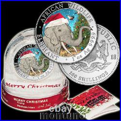 CHRISTMAS ELEPHANT IN SNOW GLOBE 1oz African Wildlife Silver Coin 2018 Somalia