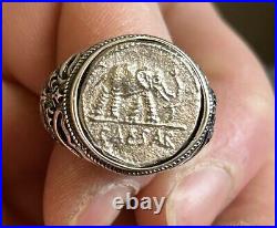 Caesar Denarius Elephant Coin REPRO Sterling Silver Coin Ring Adjustable Obv