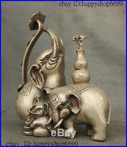 China Dyansty Palace Silver Feng shui Wealth Elephant Ruyi Gourd Coin Set Statue