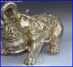 China Old Silver Wealth Auspicious Elephant Money Coin treasure bowl Statue Pair