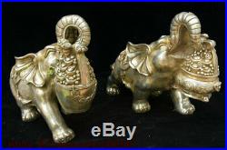 China Silver Fengshui Wealth Animal Elephant Heffalump Yuan Bao Coin Statue Pair