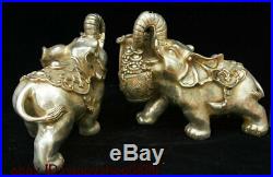 China Silver Fengshui Wealth Animal Elephant Heffalump Yuan Bao Coin Statue Pair