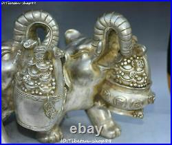China Silver Wealth Auspicious Elephant Money Coin treasure bowl Statue Pair