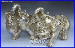 China Silver Wealth Auspicious Elephant Money Coin treasure bowl Statue Pair