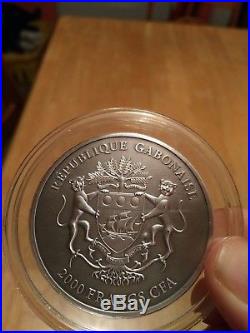 Coin Silver Elephant 2000 Francs Gabon Antique Finish 3 Oz 2012