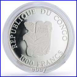 Congo 1000 francs Conservation Wildlife Elephants Fauna proof silver coin 1993
