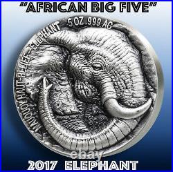 ELEPHANT AFRICAN BIG FIVE / 2017 Mauquoy Mint 5oz SILVER Coin +Artwork GGcoins