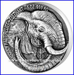 ELEPHANT BIG FIVE 5oz High Relief Silver Coin antiqued IC 2017