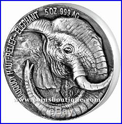 ELEPHANT BIG FIVE 5oz High Relief Silver Coin antiqued Ivory Coast 2017