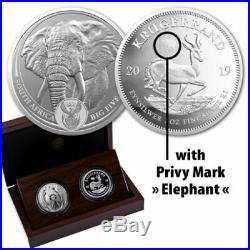 ELEPHANT & KRUGERRAND SOUTH AFRICA 2019 2 X 1 oz Proof Silver Coins Privy Mark