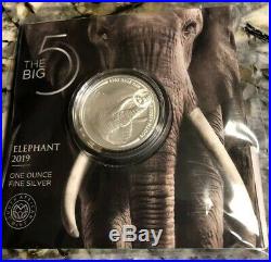 ELEPHANT SOUTH AFRICA BIG FIVE 2019 5 Rand 1 oz BU Silver Coin in Blistercard