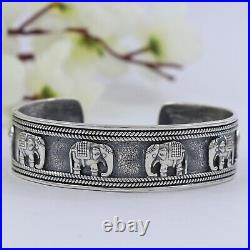 Elegant 925 Sterling Silver Open Cuff Bangle Vintage Elephant Bracelet Jewelry