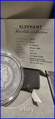 Elephant Mandala Collection 2 oz Antique finish Silver Coin 5$ Niue 2019