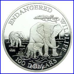 Endangered wildlife, Elephants, Cook Islands, 100 Dollars, 1991, 5 oz. Silver