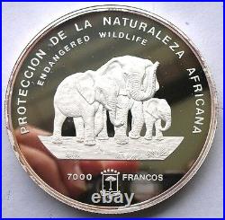 Equatorial Guinea 1995 Elephant 5oz 7000 Francs Silver Coin, Proof-D