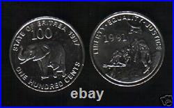 Eritrea 100 Cents Km47 1997 Elephant Unc 100 Pcs Animal Coin Lot Wholesale Money