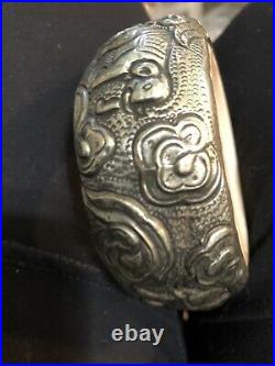 Extra Wide Tibetan Repousse Coin silver Metal Bracelet Elephant Lucky carved