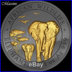 GOLDEN ENIGMA 2015 ELEPHANT Somalia 1 Oz Ruthenium & Gold Plated 999 Silver Coin
