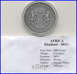 Gabon 2012 1000 Francs AFRICA ELEPHANT 1 OZ Antique Finish Coin