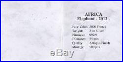 Gabon 2012 2000 Francs AFRICA ELEPHANT 3 OZ Antique Finish Coin