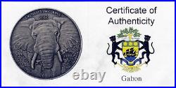 Gabon 2012 Africa Elephant 1000 Francs 1 oz. 9999 Silver Antique Finish COA