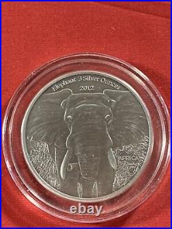 Gabon 2012 Africa Elephant 2000 Francs 3 oz. 9999 Silver Antique Finish COA