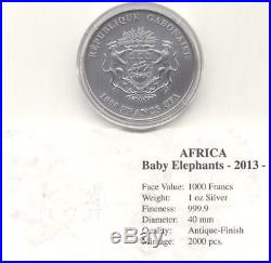 Gabon 2013 1000 Francs AFRICA BABY ELEPHANTS 1 OZ Antique Finish Coin